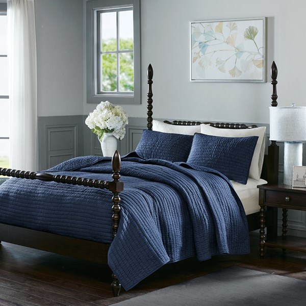Madison Park  Serene Cotton Coverlet Set, Blue, King
