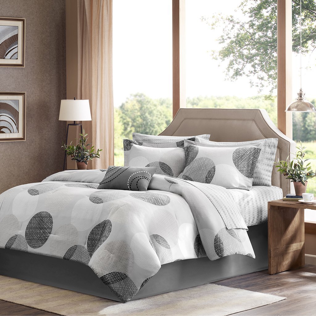 Madison Park  Essentials Knowles 9 Piece Complete Bed & Sheet Set, King, Grey