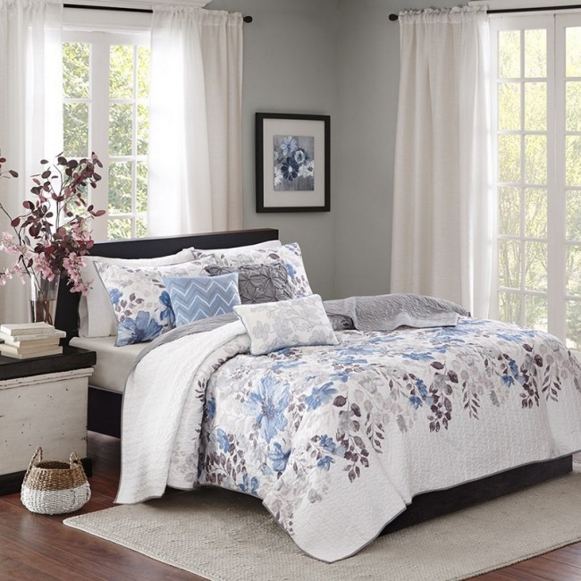 Luna 6 Piece Quilted Coverlet Set, Blue- Full & Queen
