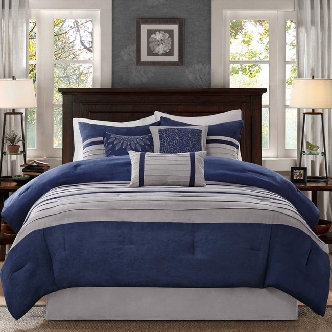 Palmer 7-Piece Comforter Set - Blue - Queen - Soft Microsuede Fabric