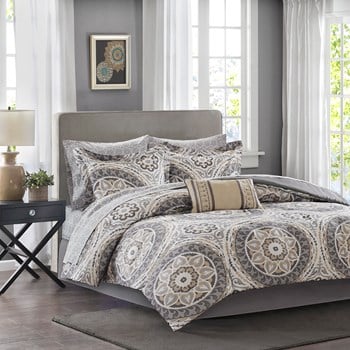 Madison Park MPE10-151 100 Percent Polyester Microfiber Printed Serenity 9 Piece Comforter Set, Taupe - Full -  Madison Park Essentials