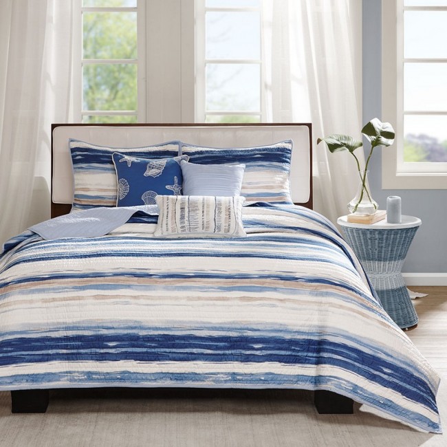 Marina 6 Piece Quilted Coverlet Set - Blue, Full and Queen