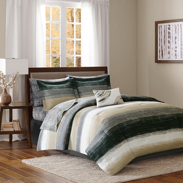 Madison Park  Saben 9-Piece Comforter Set - Taupe - King - Modern Stripe Design