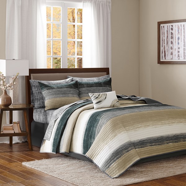 Madison Park  100 Percent Polyester Microfiber Printed Saben 8 Piece Coverlet Set, Taupe - California King