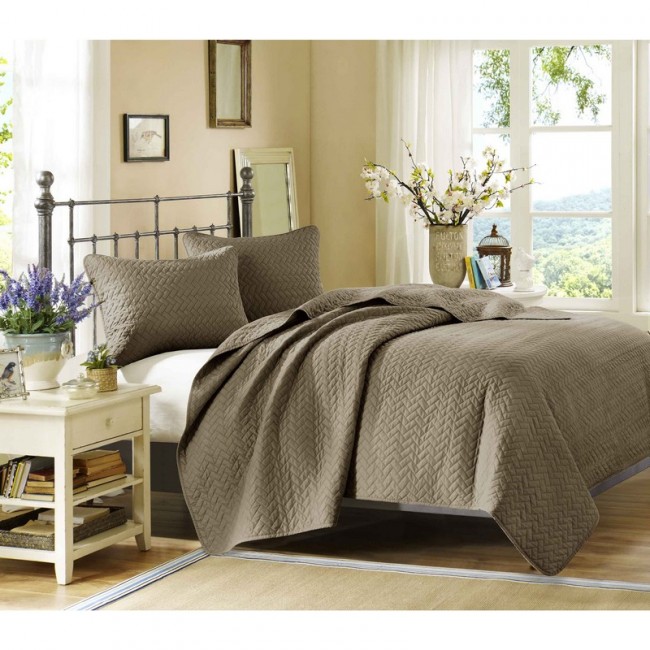 Velvet Touch Coverlet Mini Set - Taupe - Queen - 3-Piece Set - Quilted Design