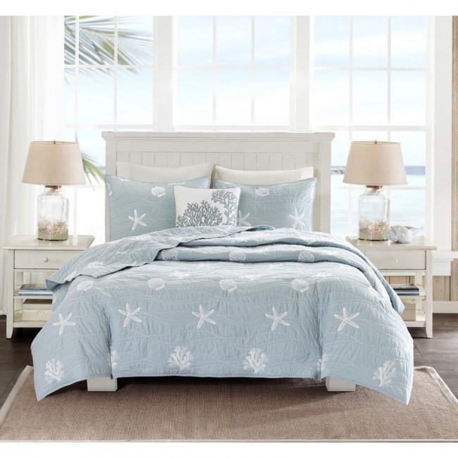 Cotton Percale Coverlet Set with Embroidery - Blue - King & Cal King