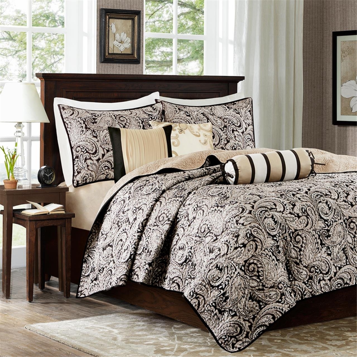 6 Piece Polyester Jacquard Coverlet Set Black, King-California King