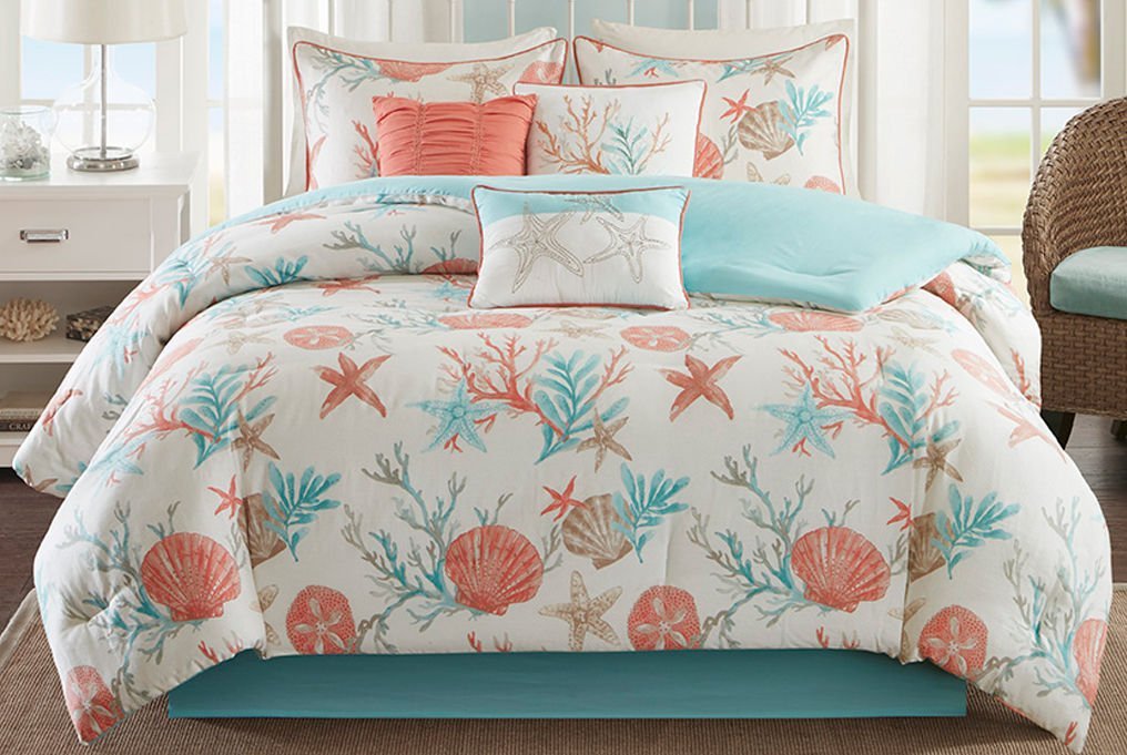 7 Piece Cotton Sateen Printed Comforter Set , Queen, Coral