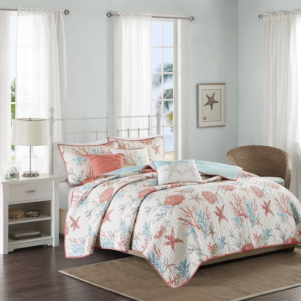 Pebble Beach 6 Piece Cotton Sateen Printed Coverlet Set - Coral - Full-Queen