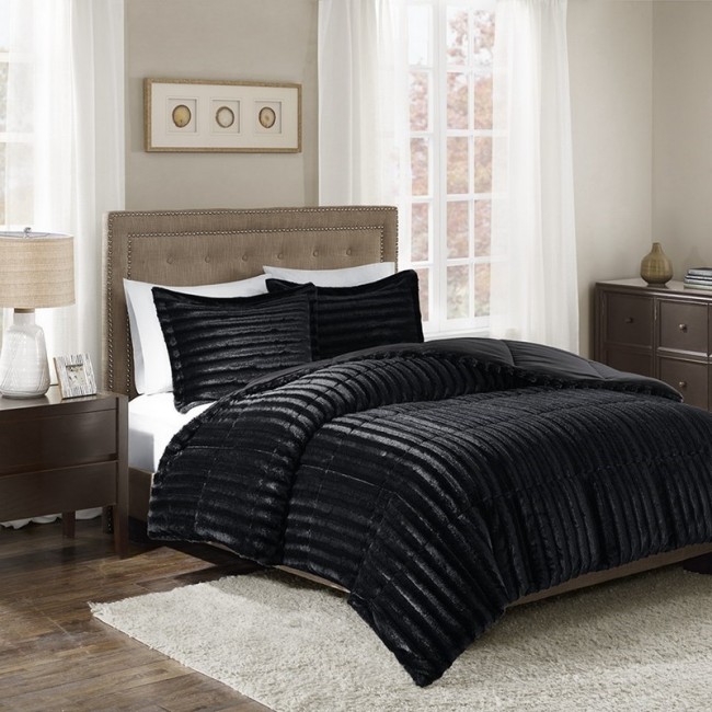 Duke Faux Fur Comforter Mini Set - Black - King - 2-Piece Set - Luxurious Warmth