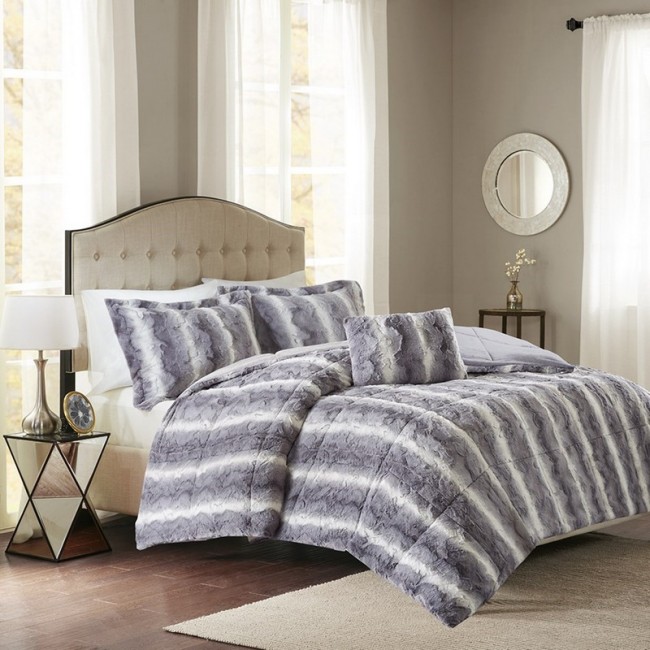 Zuri Faux Fur Comforter Set, King - Grey
