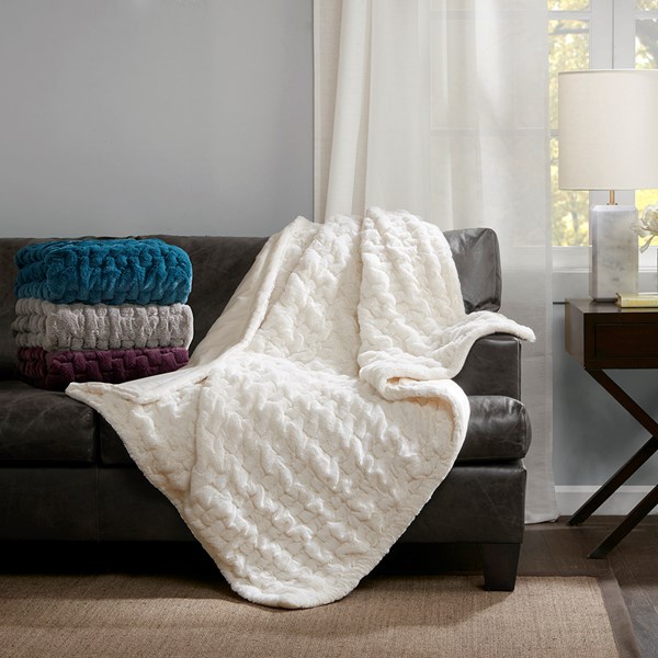Ruched Fur Throw - Ivory