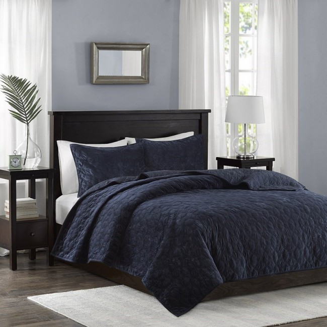 Harper Velvet Coverlet Set - Navy - King/California King - Soft Texture