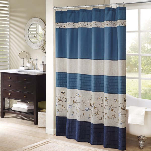 Serene Embroidered Shower Curtain - Navy
