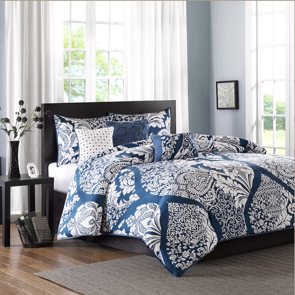 100 Percent Cotton Printed 6 Piece Duvet Cover Set, Indigo - King & Cal King