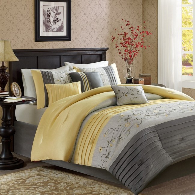Serene Embroidered Comforter Set Yellow - Queen - 7 Piece