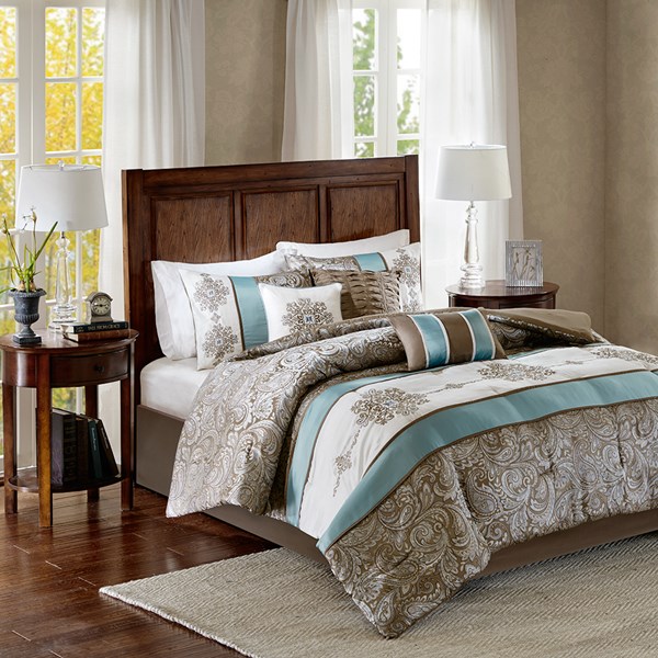 Caroline Jacquard 7 Piece Comforter Set - Blue Queen Size
