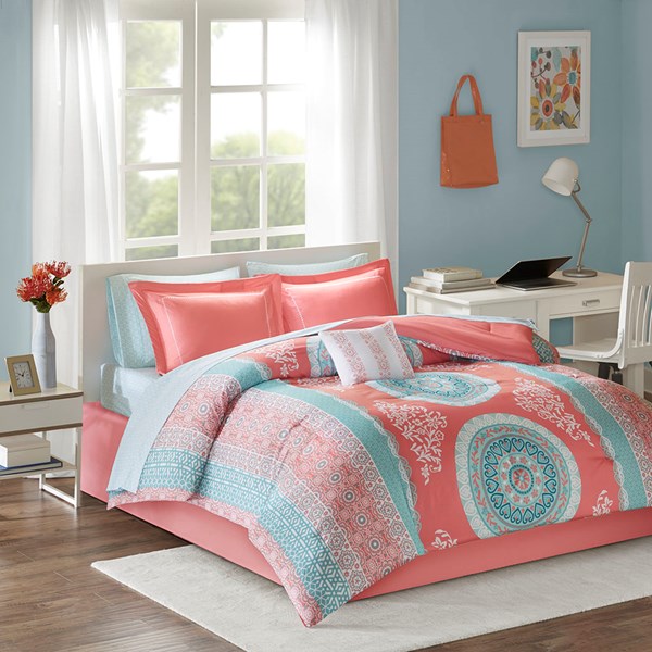 Loretta Comforter & Sheet Set - Coral, Queen Size
