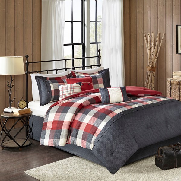 Ridge 7-Piece Herringbone Comforter Set - Red - King Size - Lodge Aesthetic