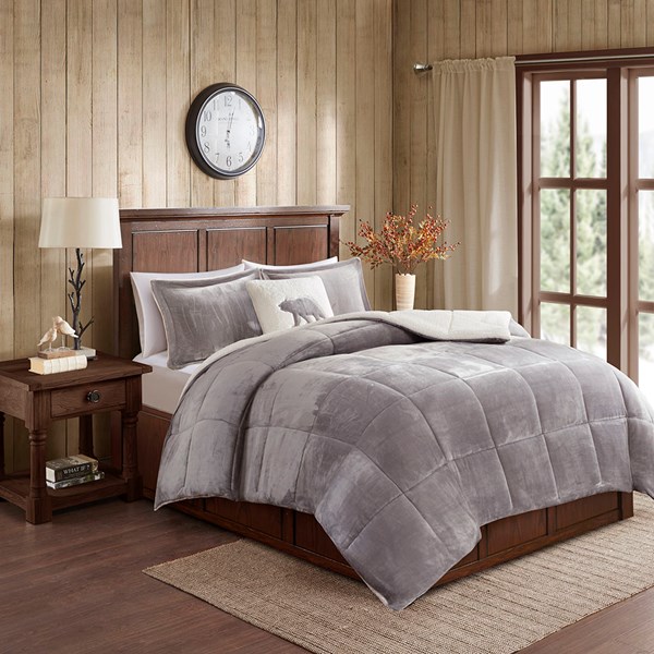 Alton Plush to Sherpa Comforter Set - Grey & Ivory, Full & Queen Size