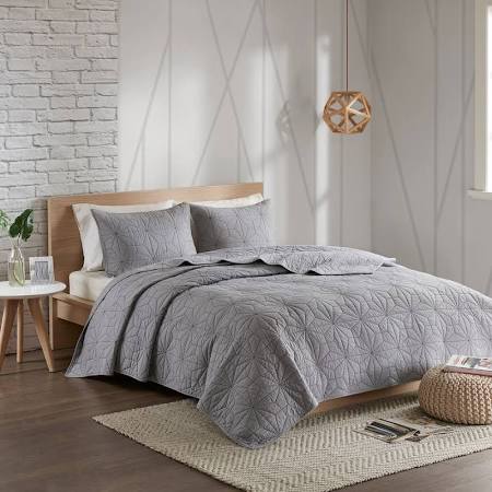 UH13-2098 Full & Queen Size Cotton Coverlet & Bedspread Mini Set, Grey - 3 Piece -  Urban Habitat