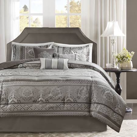 California King Size Jacquard Comforter Set - Grey - 7 Piece