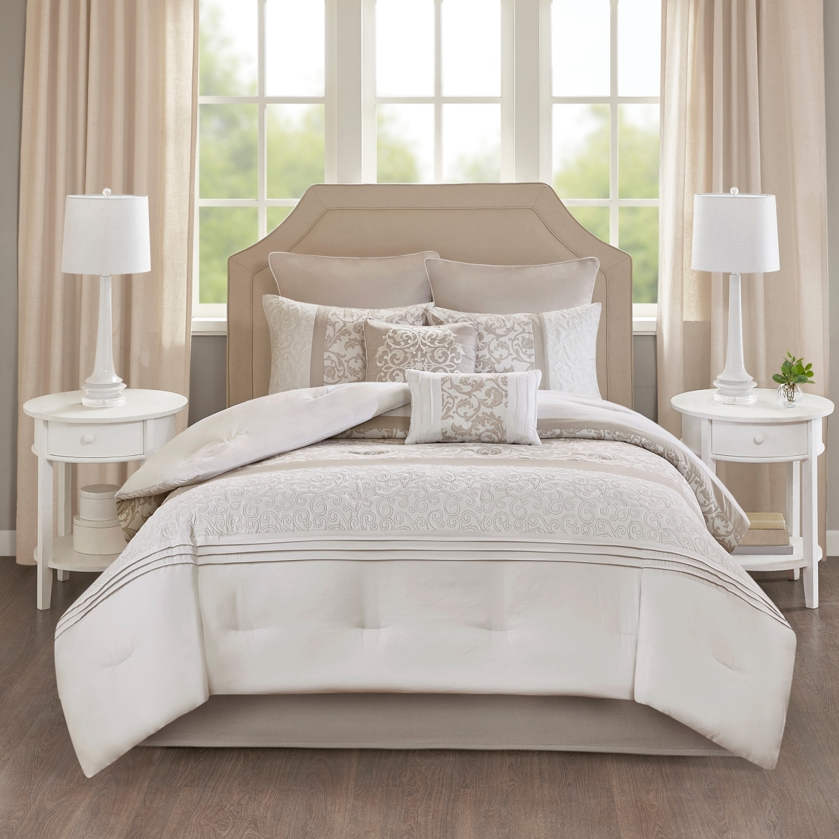 Lynda Embroidered Comforter Set, Neutral - King - 8 Piece