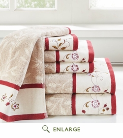 Serene Embroidered Cotton Jacquard Towel Set, Red - 6 Piece