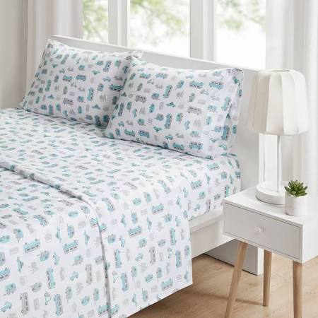 Novelty Printed Microfiber Sheet Set - Grey & Blue Road Trip - Queen - Ultra-Soft Comfort