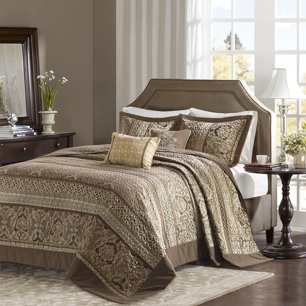5 Piece Jacquard Bedspread Set - Brown, Queen Size