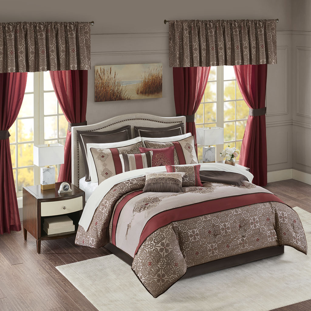 24-Piece Comforter Set - Red - California King - Elegant Jacquard Design