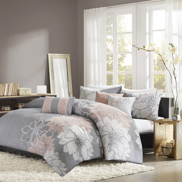 6 Piece Printed Duvet Cover Set - Gray & Blush, Full & Queen Size