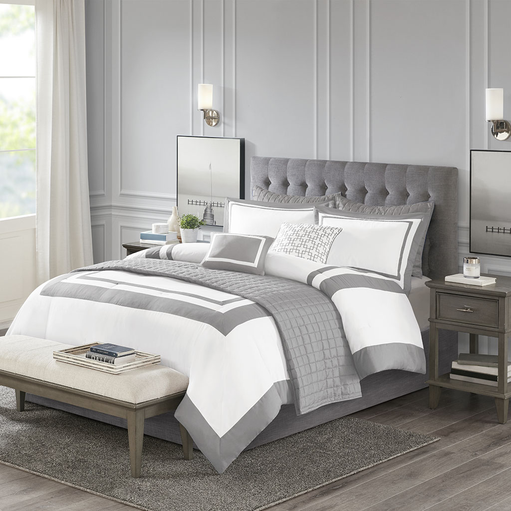 MP10-6140 Grey 100 Percent Polyester 85gsm Microfiber Comforter Set, Full & Queen Size - 8 Piece