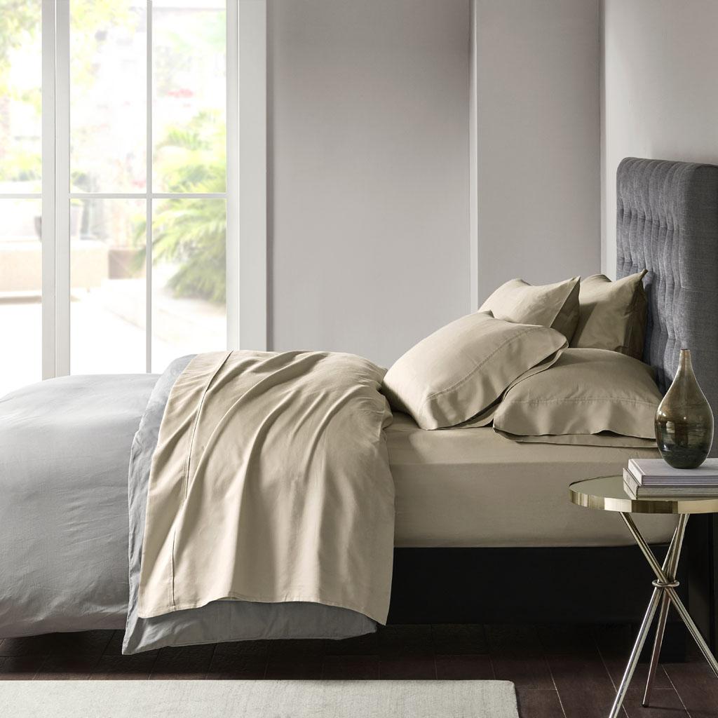 MPH20-0021 Khaki 56 Percent Cotton & 44 Percent Polyester Sateen Blend Sheet Set, Split King Size - 7 Piece