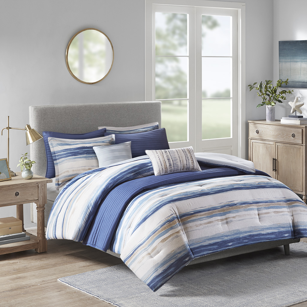 MP10-6155 Blue 100 Percent Polyester Microfiber Printed Seersucker Comforter & Coverlet Set Collection, Full & Queen Size - 8 Piece