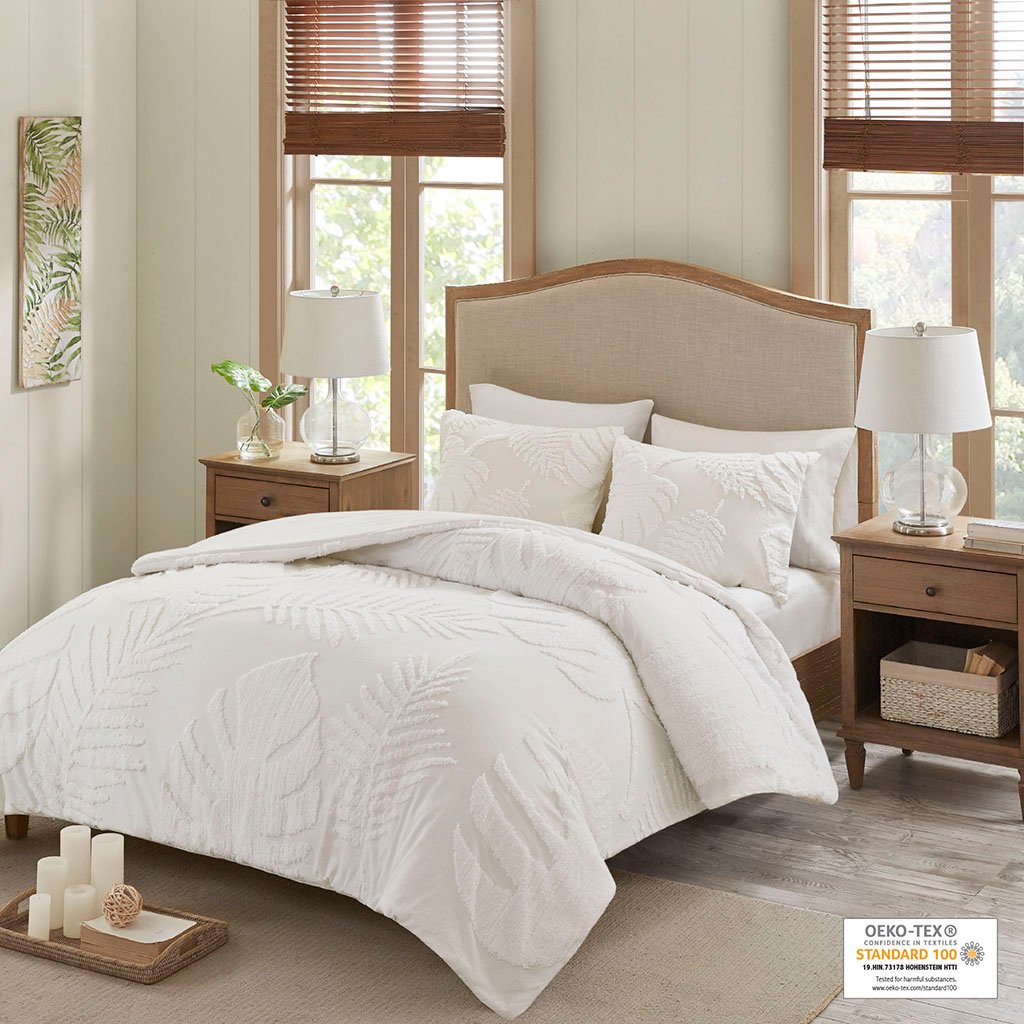 MP10-6221 White 100 Percent Cotton Chenille Palm Comforter Set with Tufted Technique, Full & Queen Size -  Madison Park