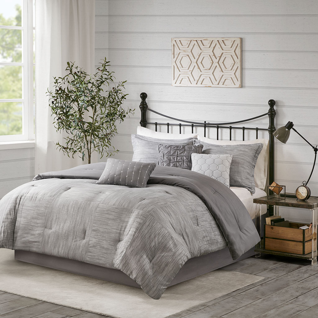Grey 100 Percent Polyester Printed Seersucker Comforter Set, King Size - 7 Piece