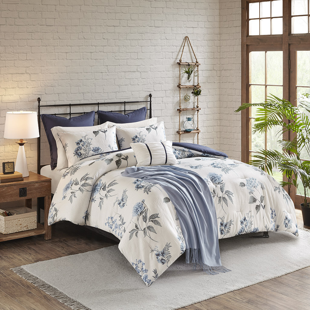 Zennia Blue Seersucker Comforter Set - Full & Queen Size - 7 Piece - Hypoallergenic