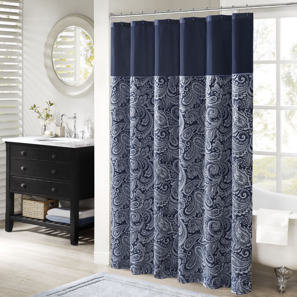 Navy 100 Percent Polyester Jacquard Shower Curtain