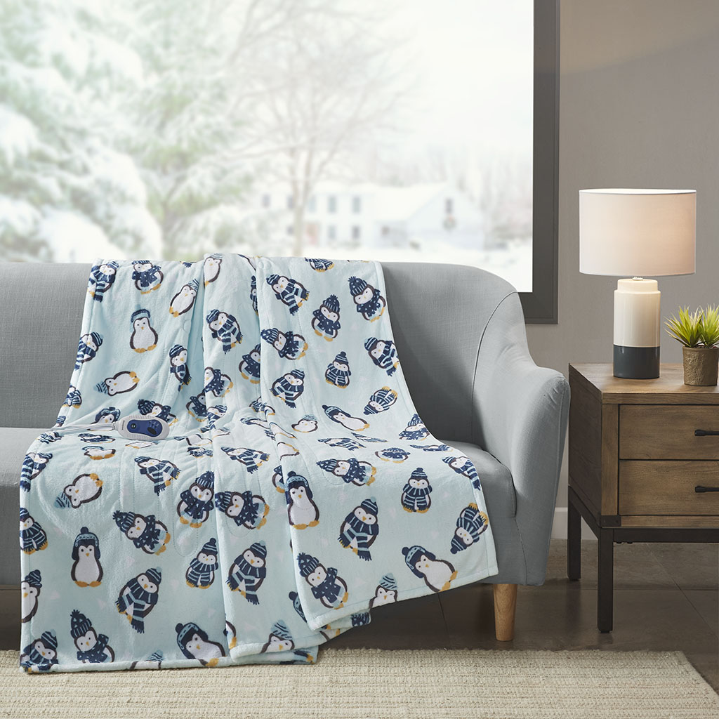Picture of Beautyrest BR54-1157 Aqua Penguins 100 Percent Polyester Printed Microlight Oversized Heated Throw