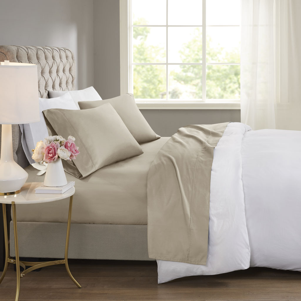 BR20-1911 Khaki 60 Percent Cotton 40 Percent Polyester Sateen Cooling Sheet Sets with Huntsman Cooling Chemical, Full Size