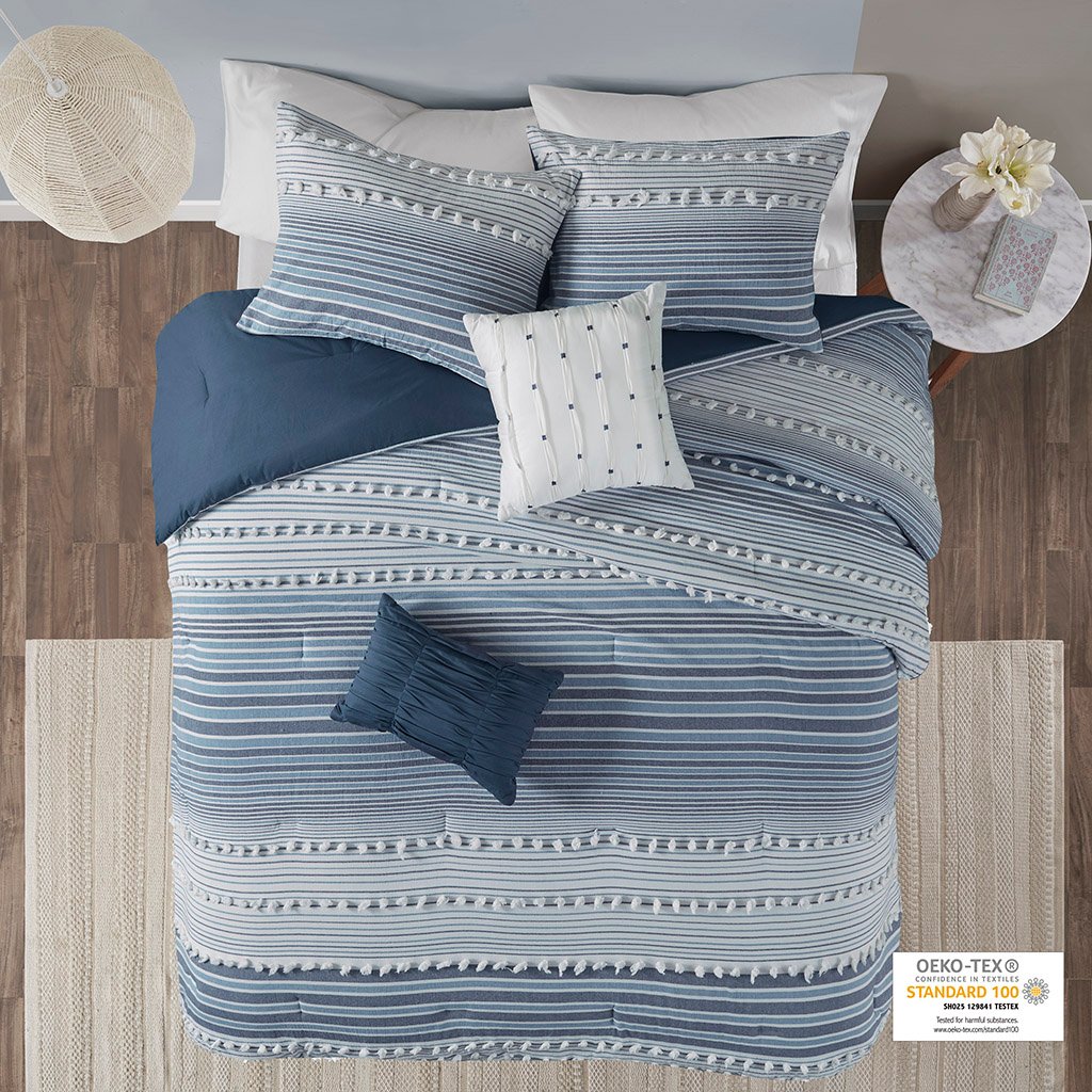 UH10-2347 Navy 100 Percent Cotton Clipped Comforter Set, Full & Queen Size - 5 Piece -  Urban Habitat