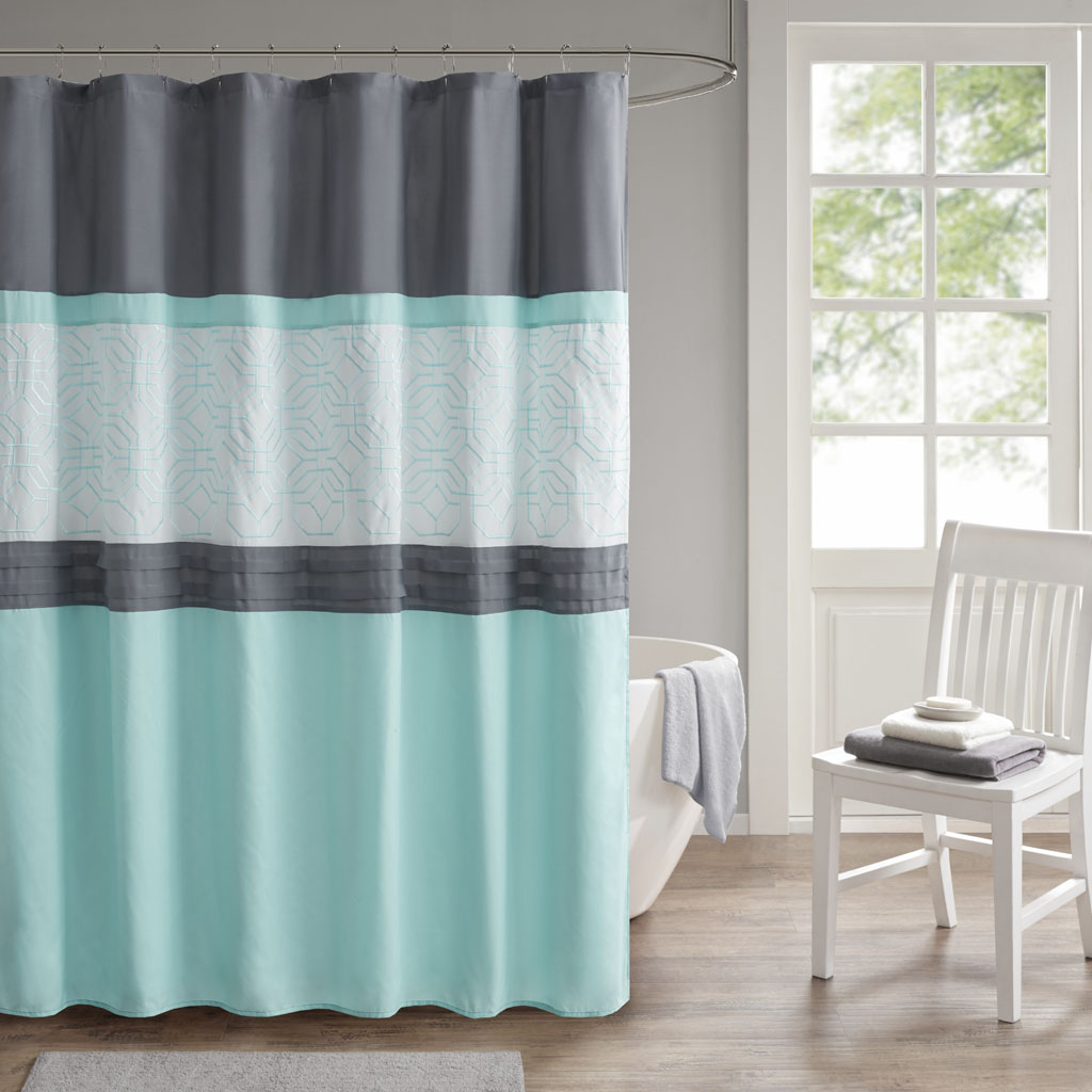 Picture of 510 Design 5DS70-0230 Aqua & Grey 100 Percent Polyester Microfiber Embroidery Pieced Shower Curtain