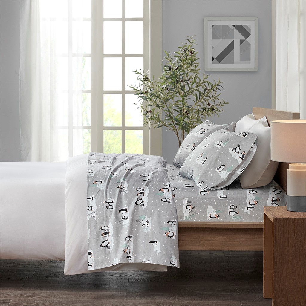 TN20-0369 100 Percent Cotton Pigment Printed Cotton Flannel Sheet Set, Grey Penguins - King Size