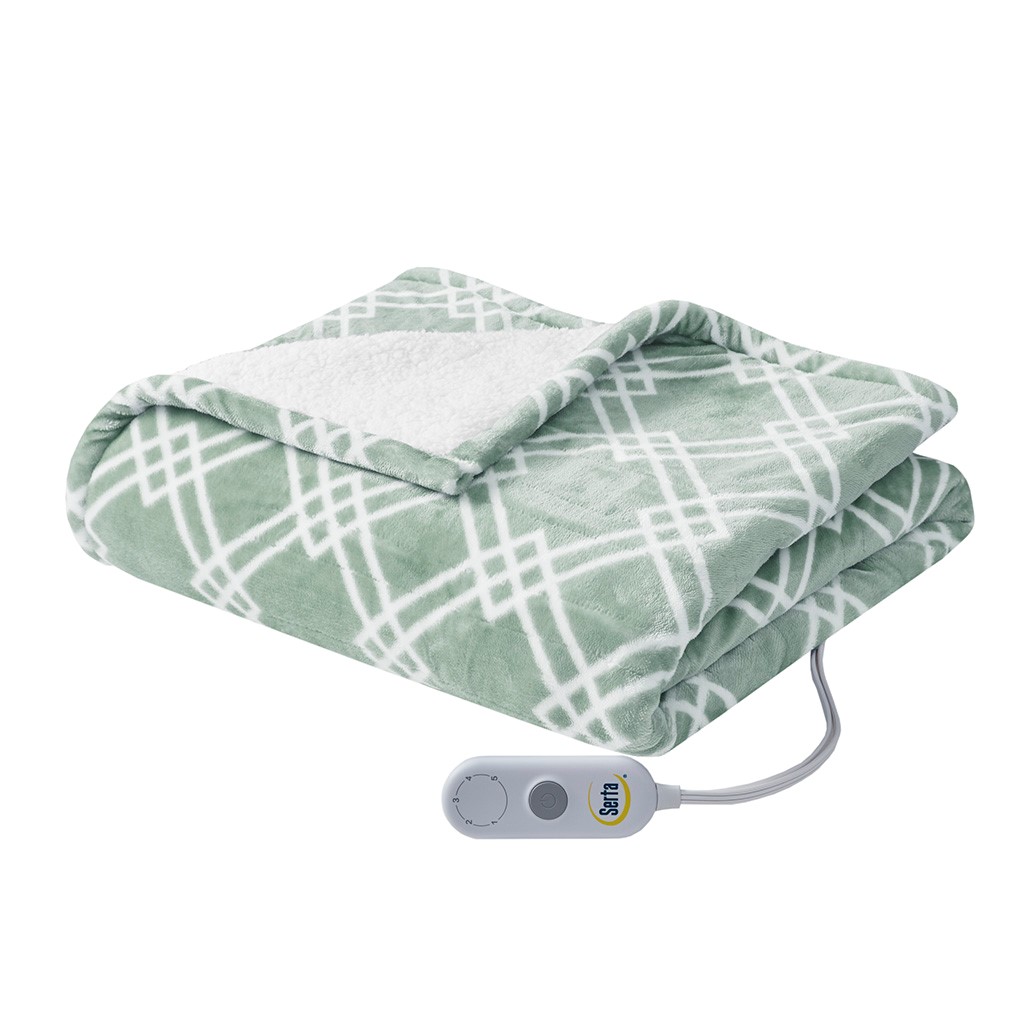 ST54-0146 100 Percent Polyester Print Microlight to Sherpa Heated Throw, Seafoam - 50 x 60 in -  Serta