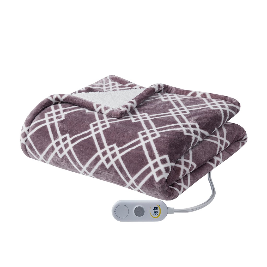 ST54-0148 100 Percent Polyester Print Microlight to Sherpa Heated Throw, Plum - 50 x 60 in -  Serta