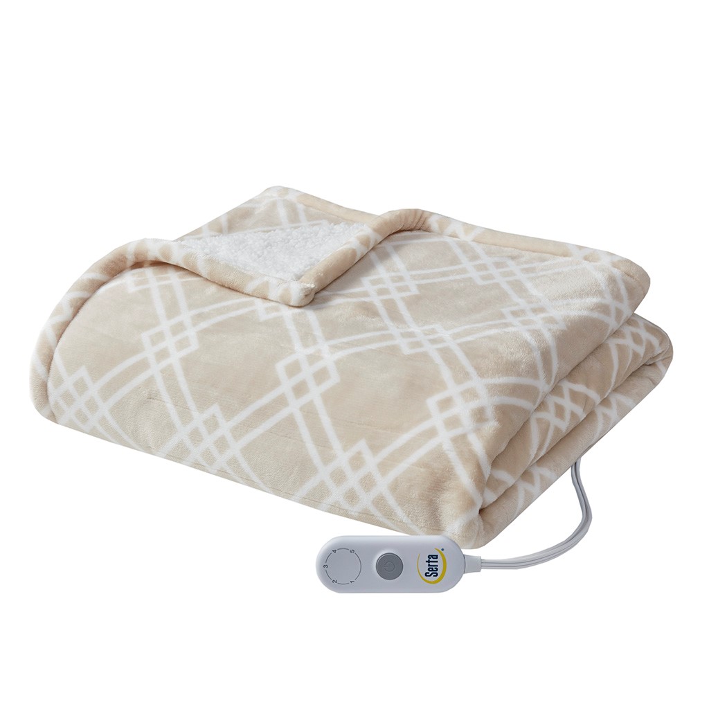 ST54-0149 100 Percent Polyester Print Microlight to Sherpa Heated Throw, Tan - 50 x 60 in -  Serta