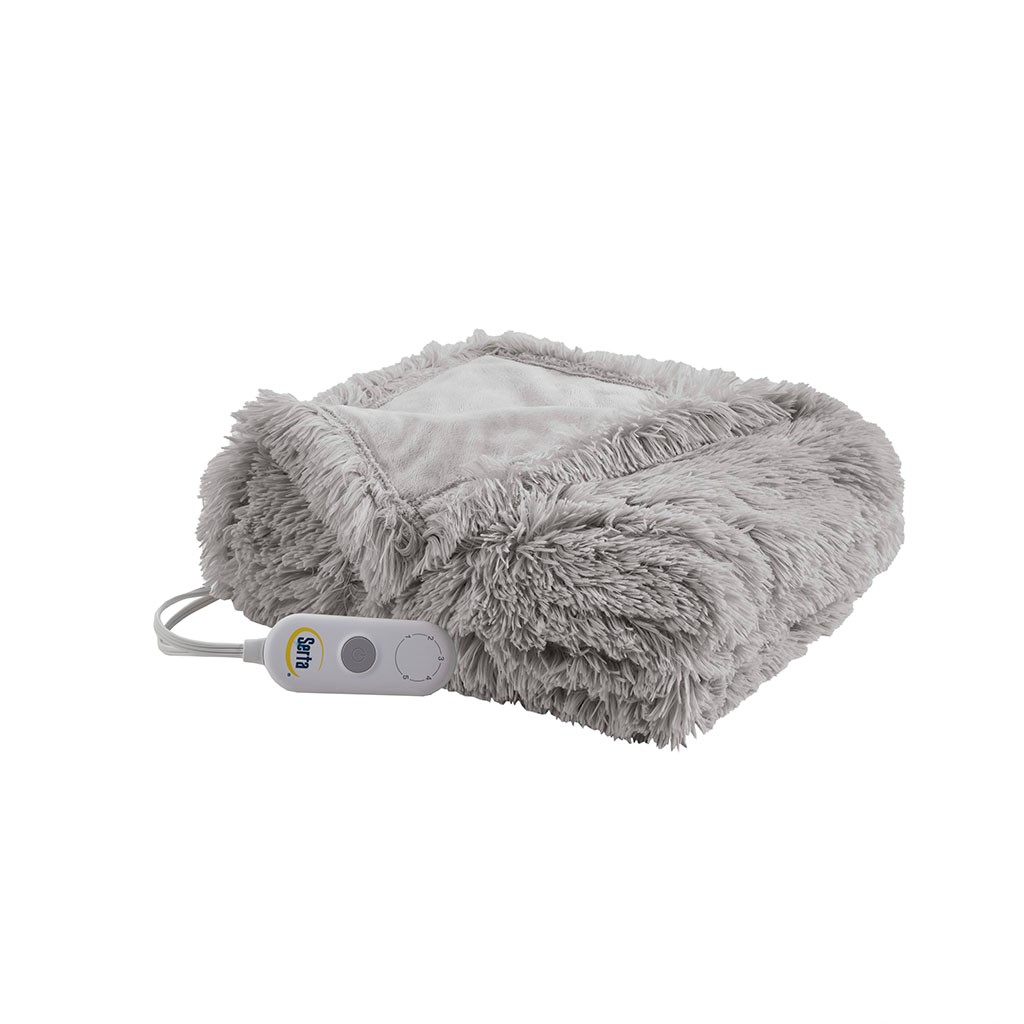 ST54-0150 100 Percent Polyester Shaggy Fur Heated Throw, Grey - 50 x 60 in -  Serta