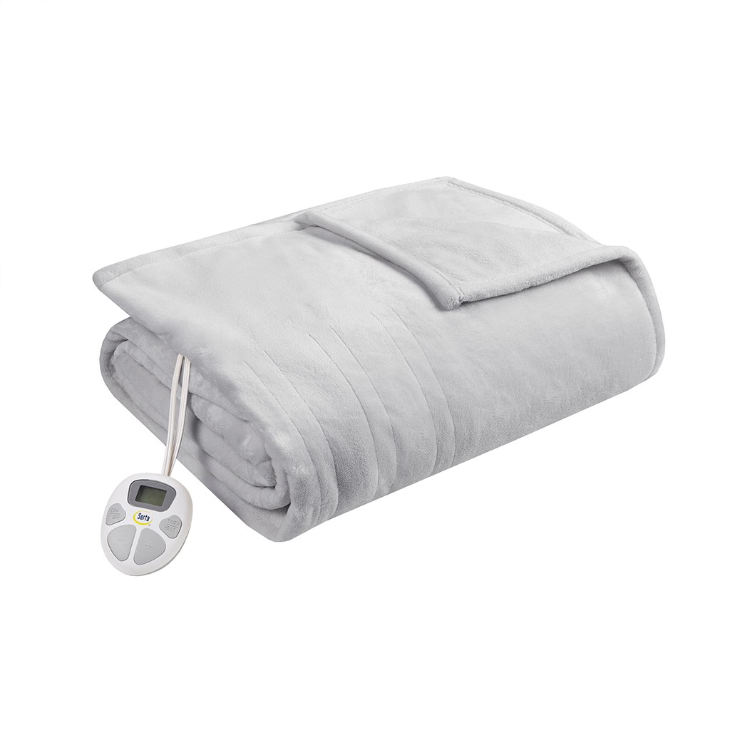 ST54-0126 100 Percent Polyester Microlight Heated Blanket, Light Grey - Full Size -  Serta