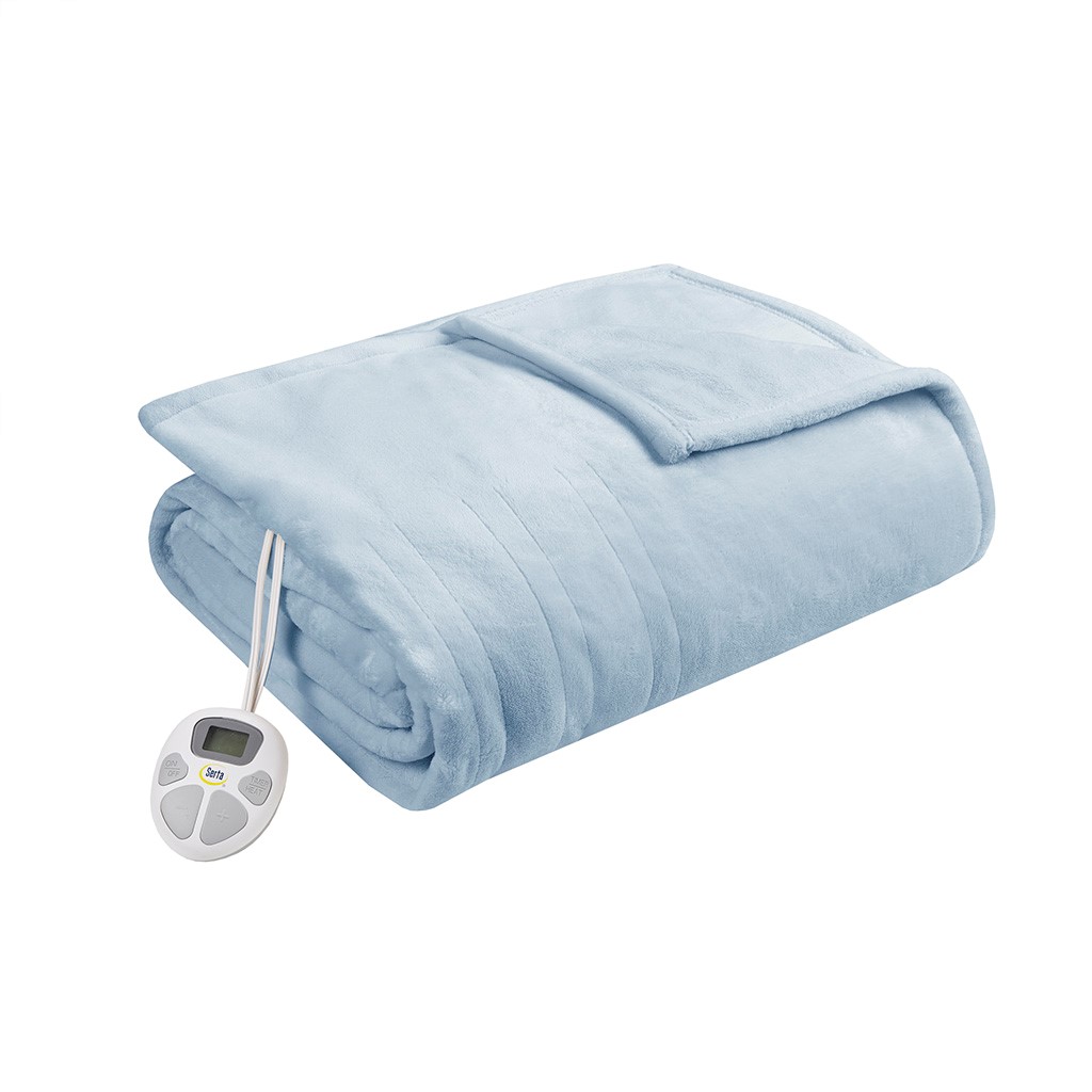 ST54-0129 100 Percent Polyester Microlight Heated Blanket, Light Blue - Twin Size -  Serta